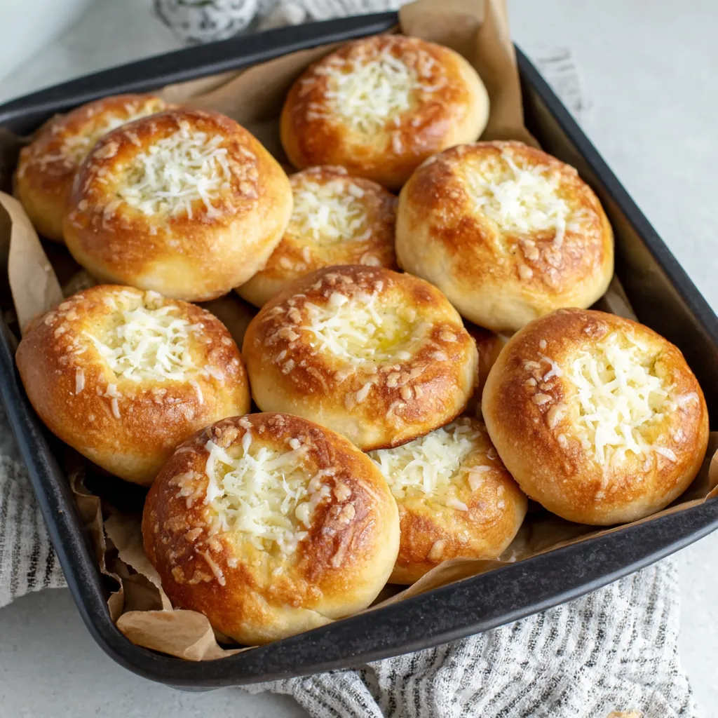 A pan of sourdough bread with cheese on top.