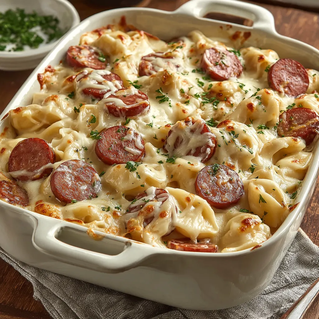 A dish of Kielbasa and Pierogi Bake.