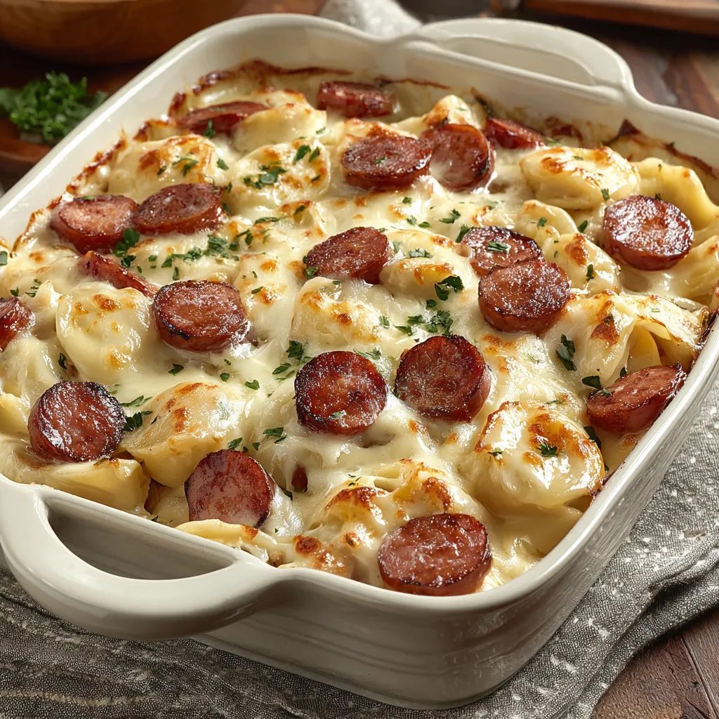 A dish of Kielbasa and Pierogi Bake.