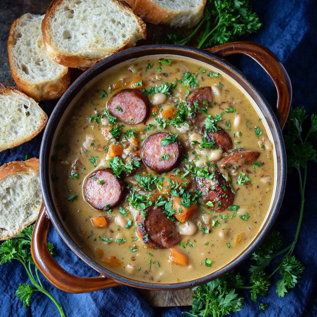 A bowl of creamy bean soup with kielbasa.