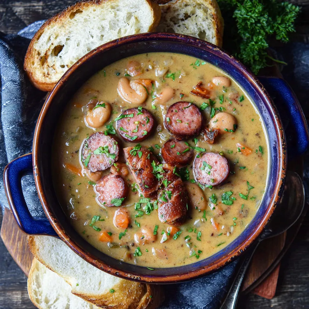 A bowl of creamy bean soup with kielbasa.