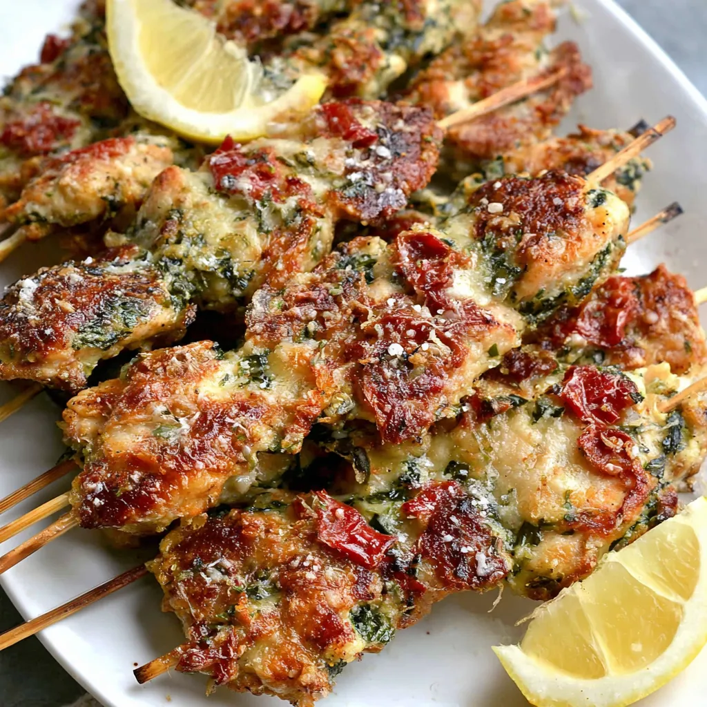 Garlic Parmesan Chicken Skewers with Lemon wedges.
