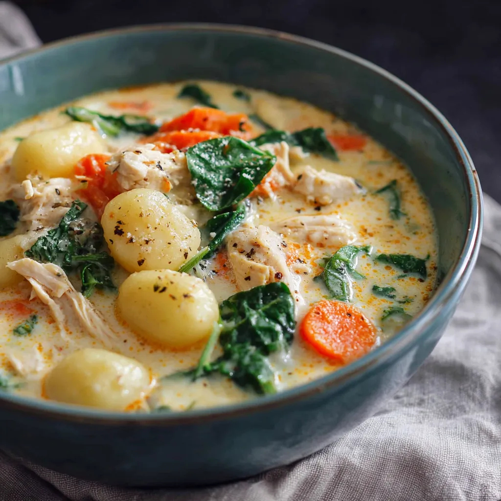 A bowl of creamy gnocchi chicken soup.