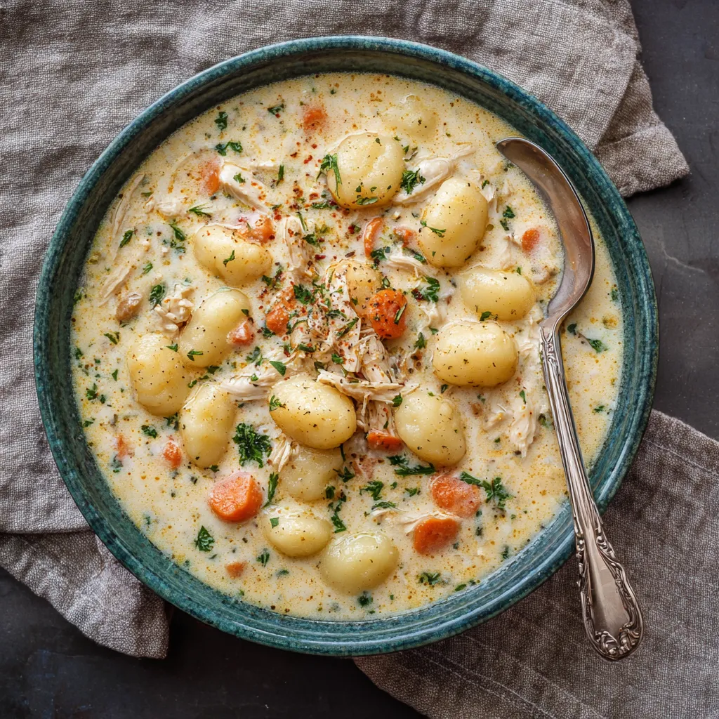 A bowl of creamy gnocchi chicken soup.