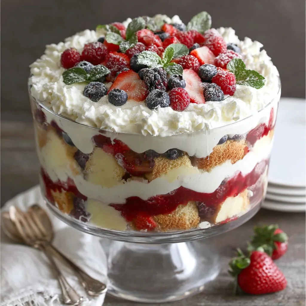 A glass cake with strawberries and blueberries.