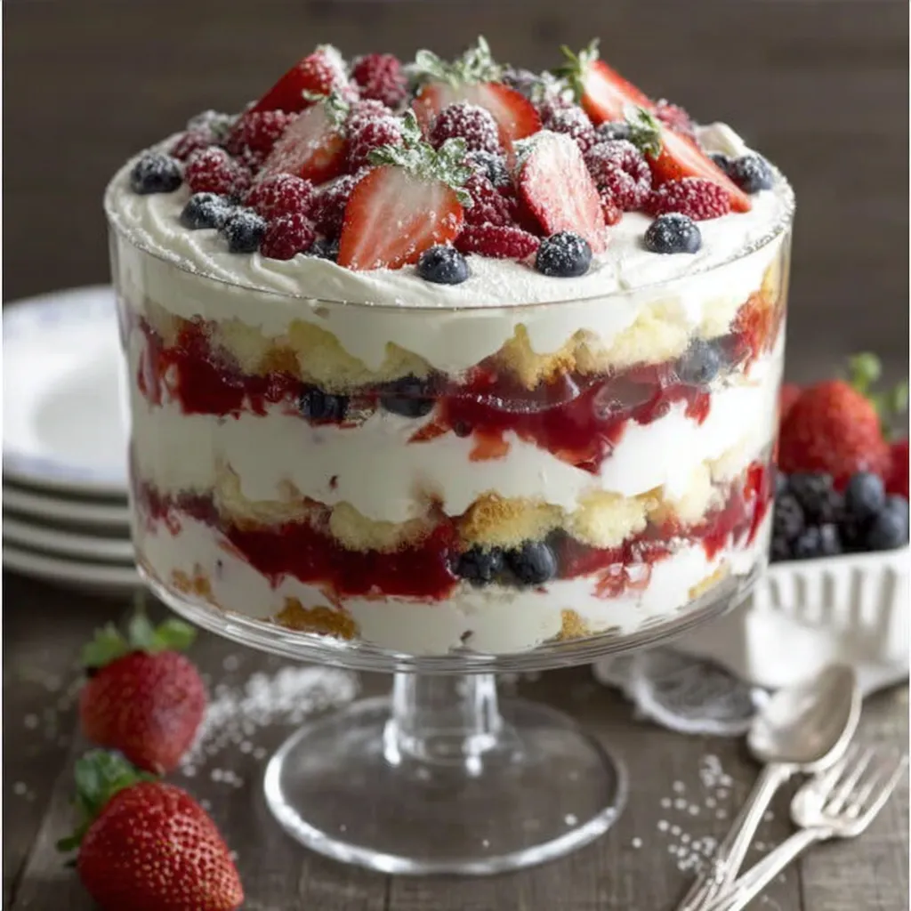 A glass cake with berries and whipped cream.