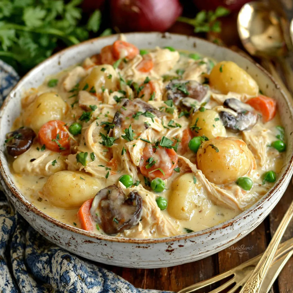 A dish of chicken and potatoes in a bowl.