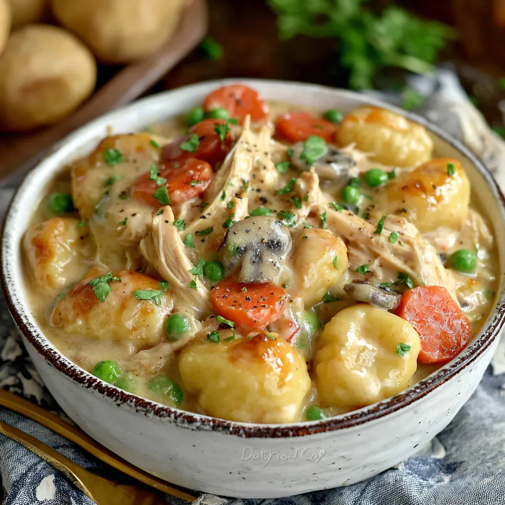 A bowl of food with gnocchi, chicken, and peas.