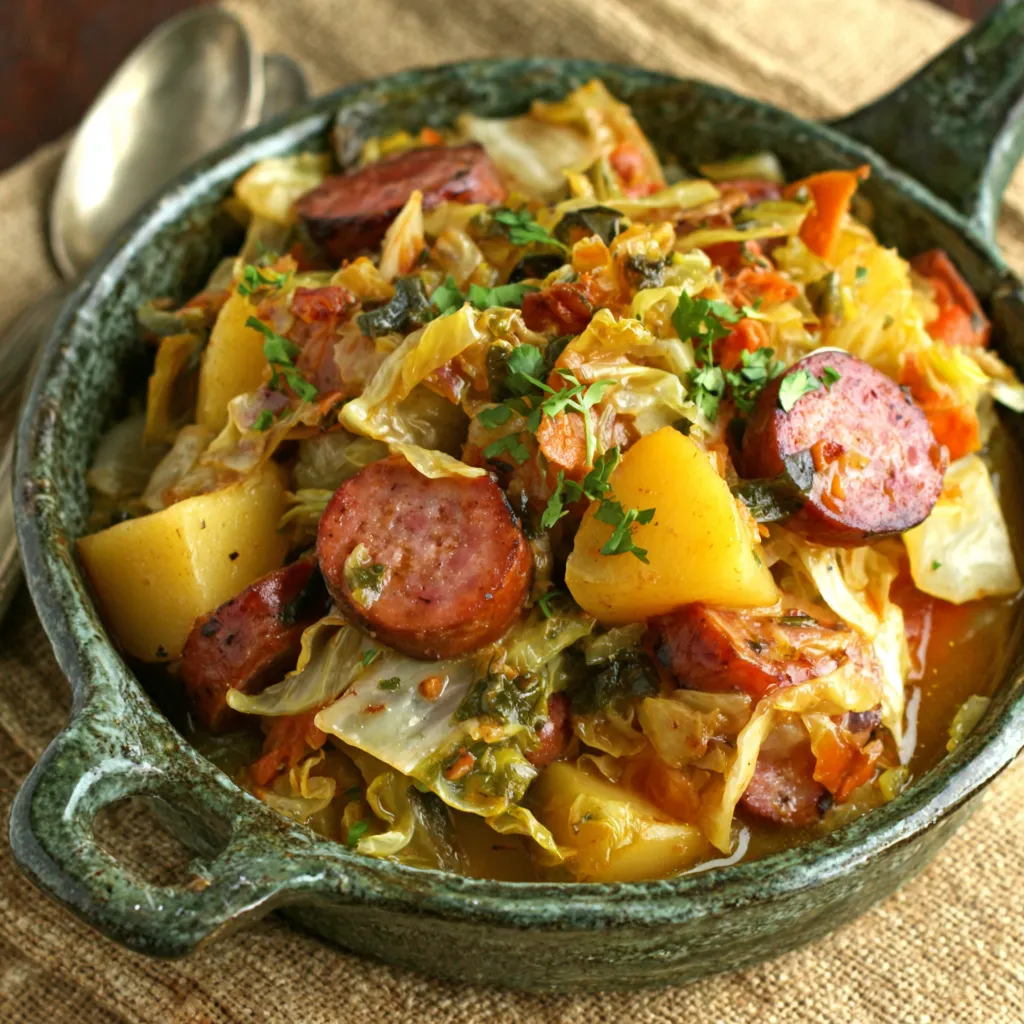 A bowl of braised cabbage with potatoes and smoked sausages.