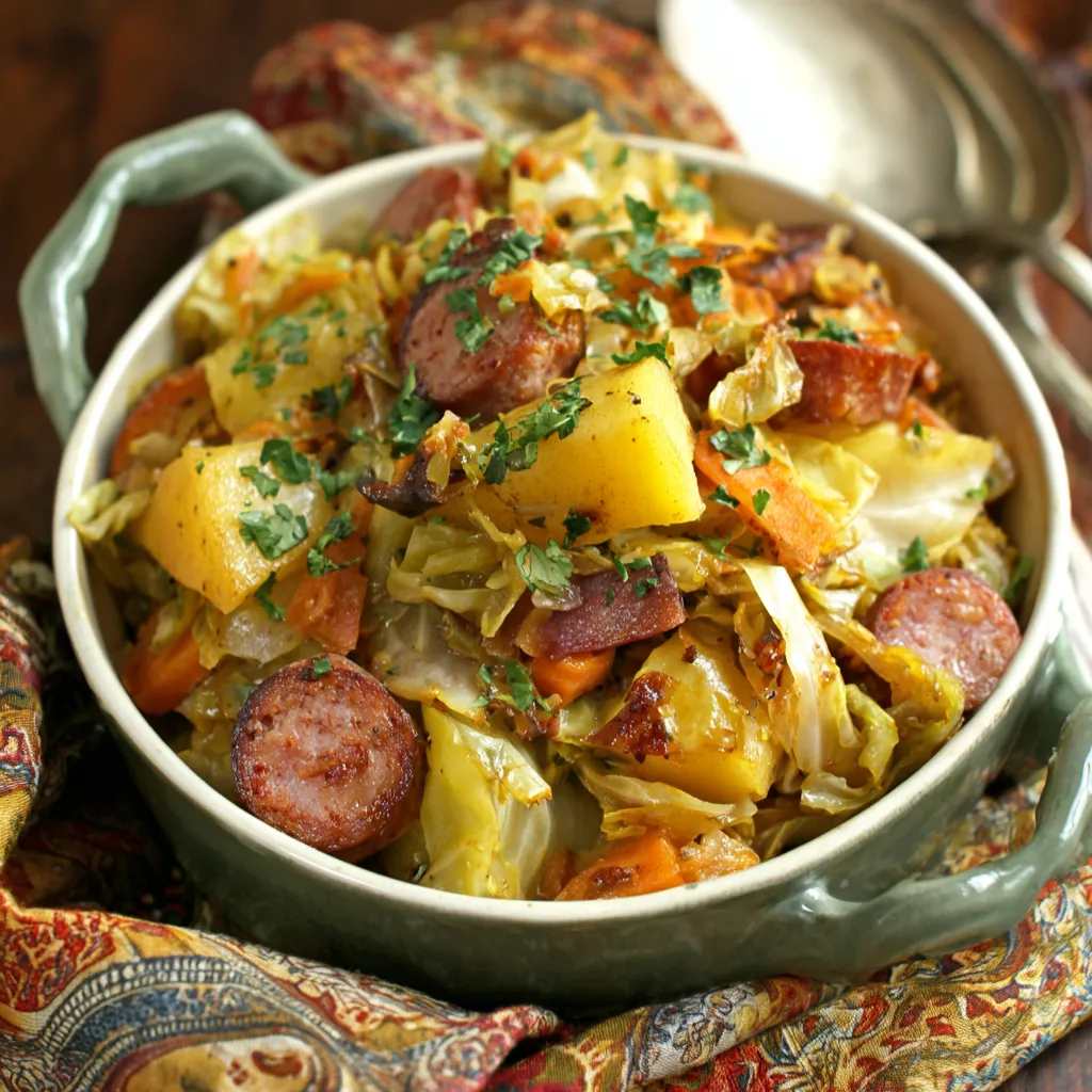 A bowl of braised cabbage with potatoes and smoked sausages.