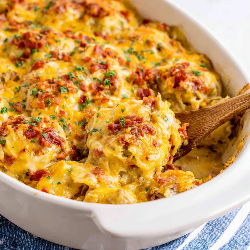 A white bowl filled with a delicious looking casserole.
