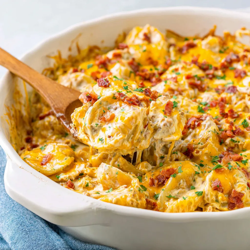 A white bowl filled with a casserole dish.