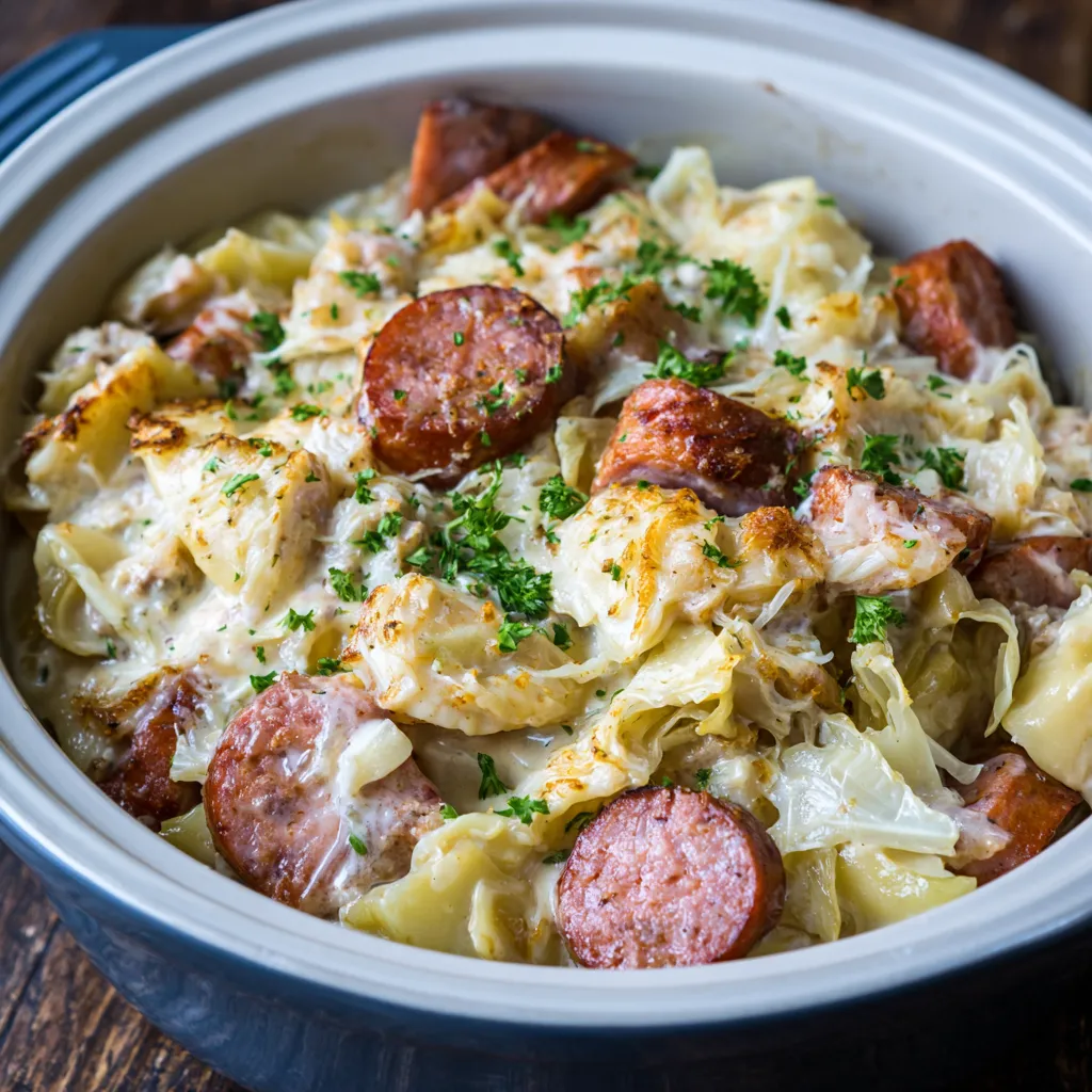 A bowl of food with sausage and vegetables.
