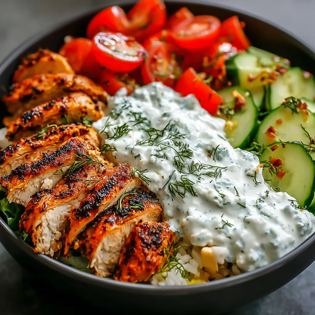 A bowl of food with chicken, tomatoes, cucumbers, and rice.