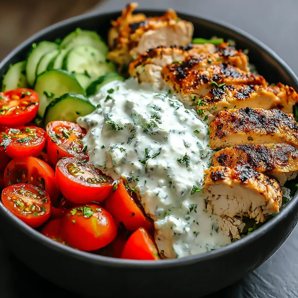 A bowl of food with chicken, tomatoes, cucumbers, and a white sauce.