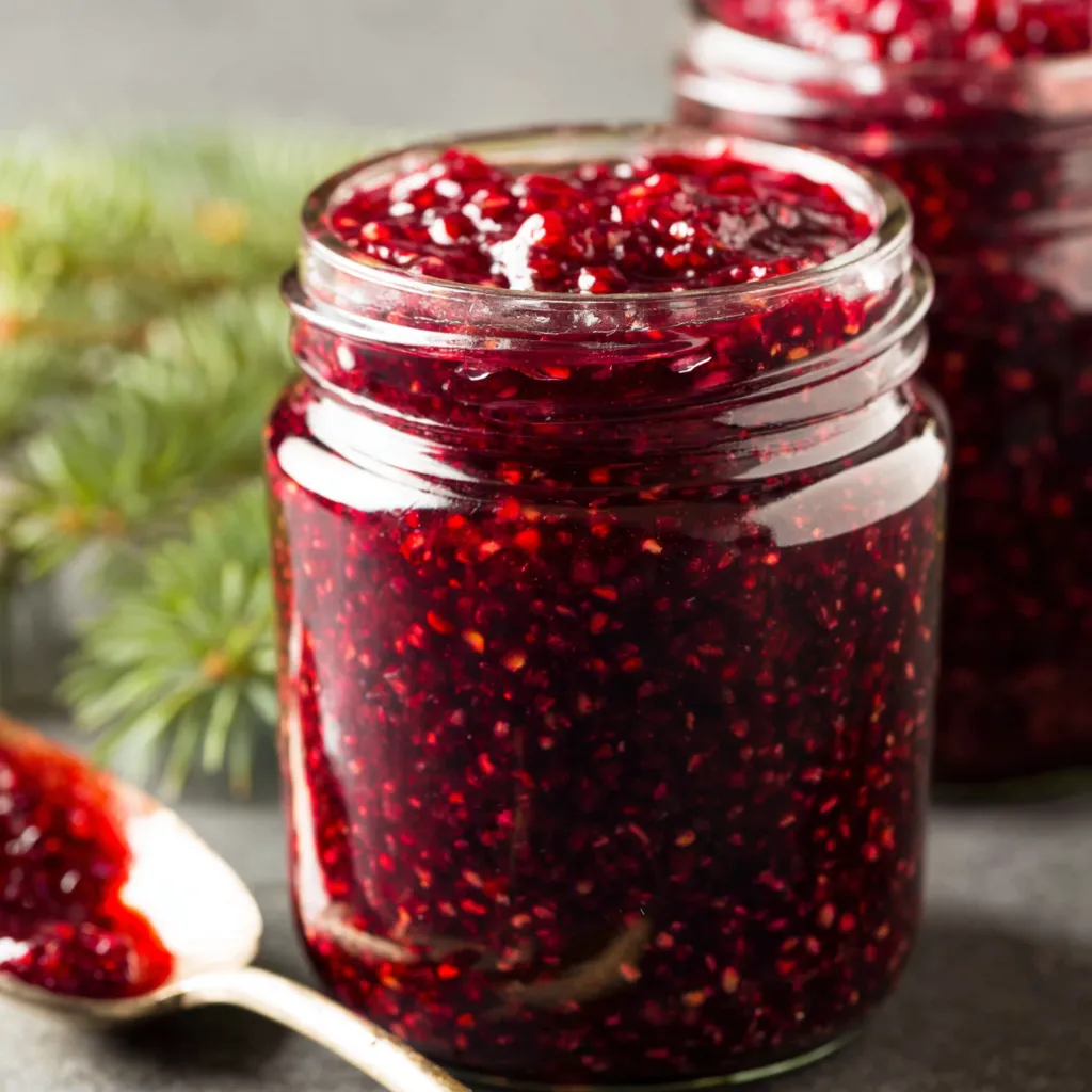 A jar of jam with a spoon in it.