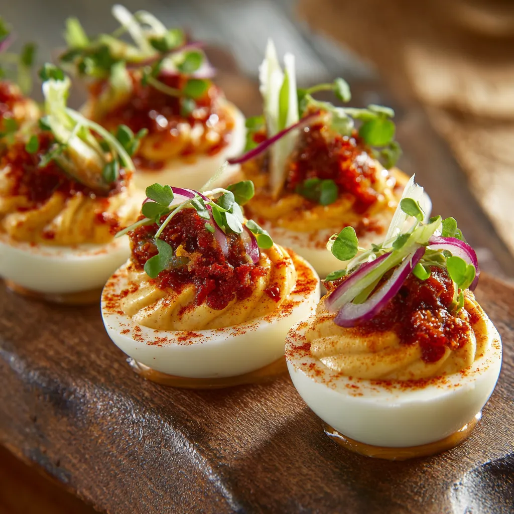 Deviled eggs with a bloody mary sauce.