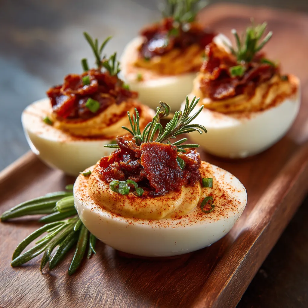 A plate of deviled eggs with bacon bits on top.