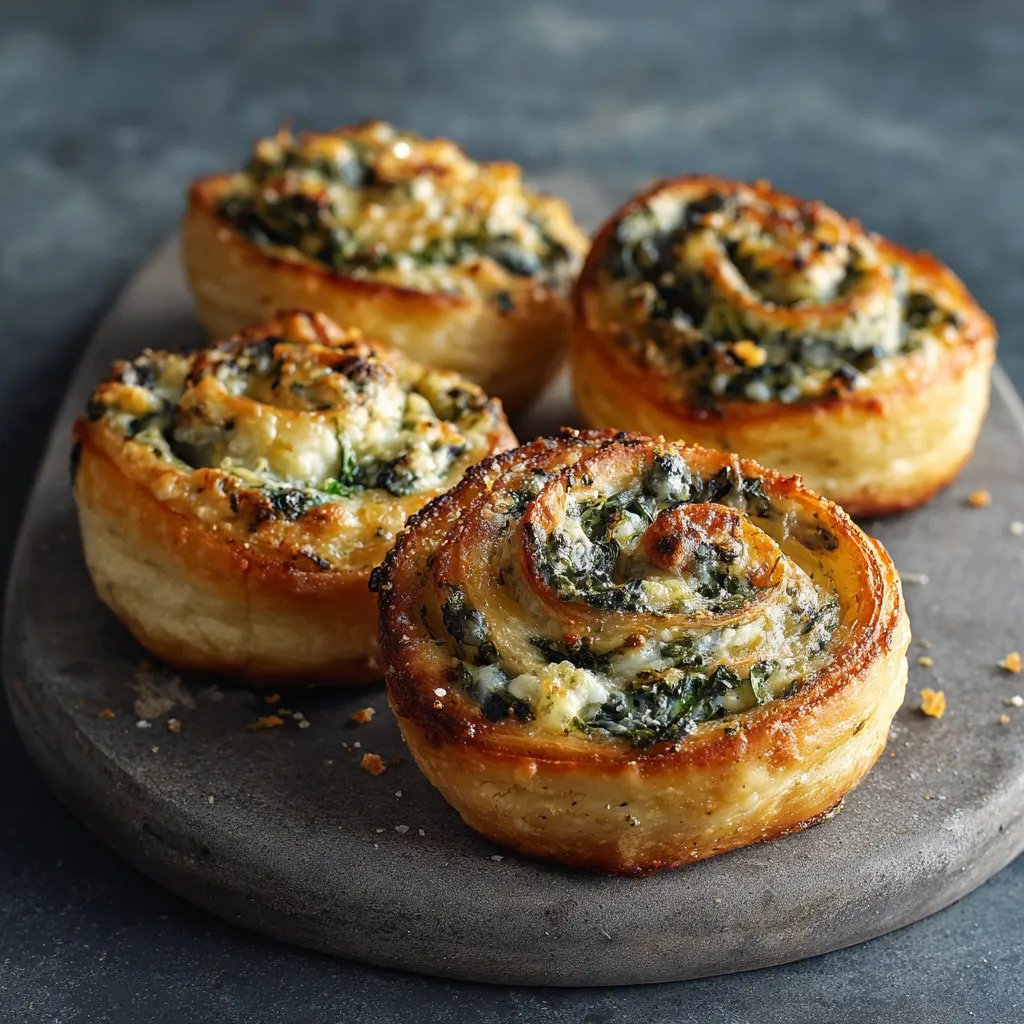 Three spinach artichoke swirls on a plate.