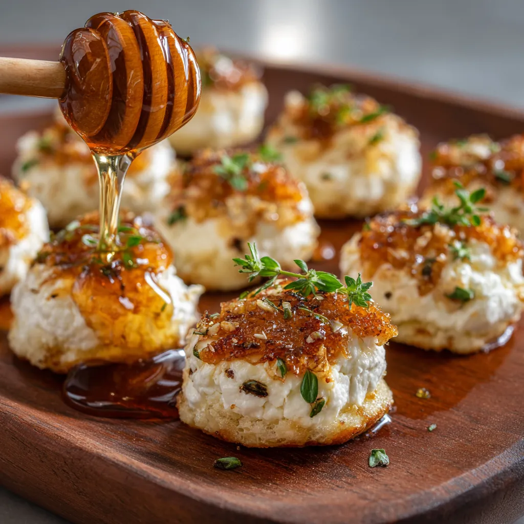 Goat cheese and honey bites on a wooden platter.