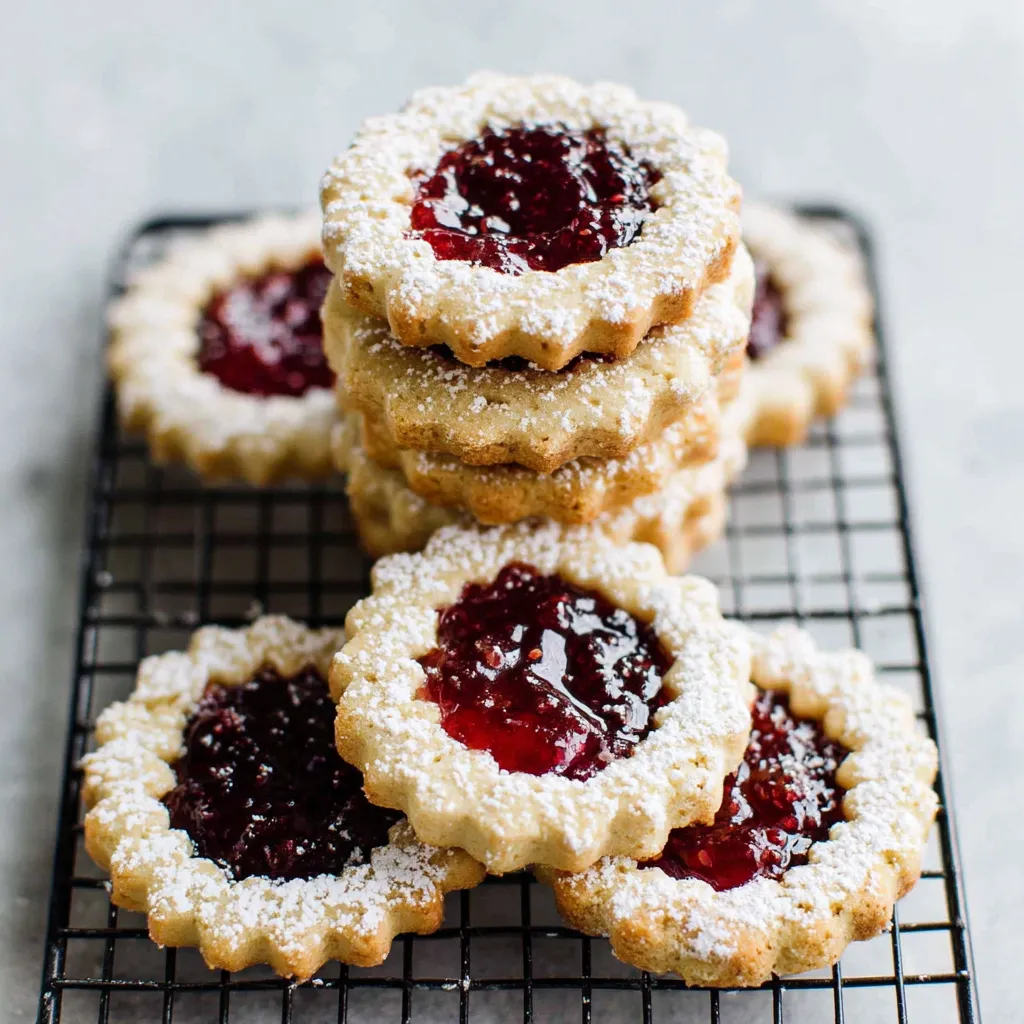 A stack of raspberry linzer cookies.