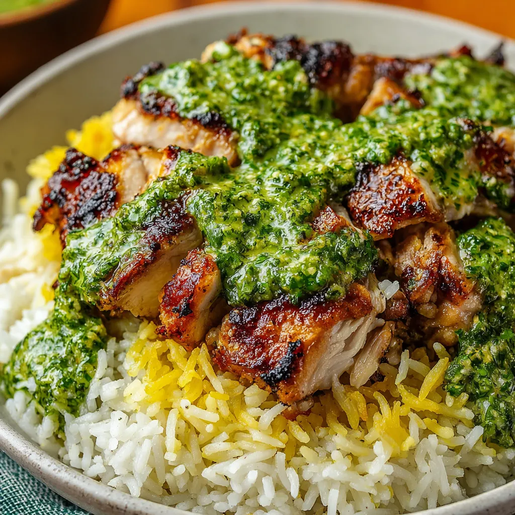 A bowl of rice with chicken and green sauce.
