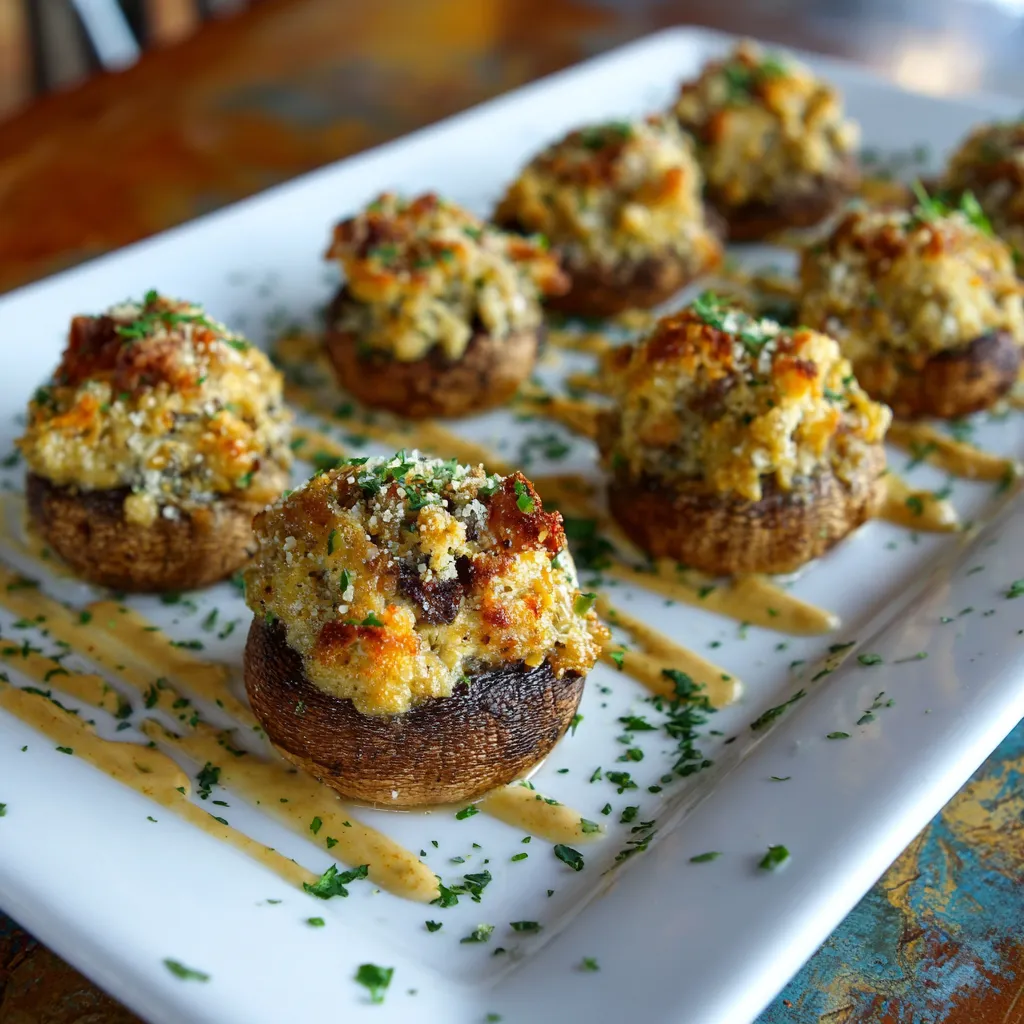 A plate of stuffed mushrooms with sauce.