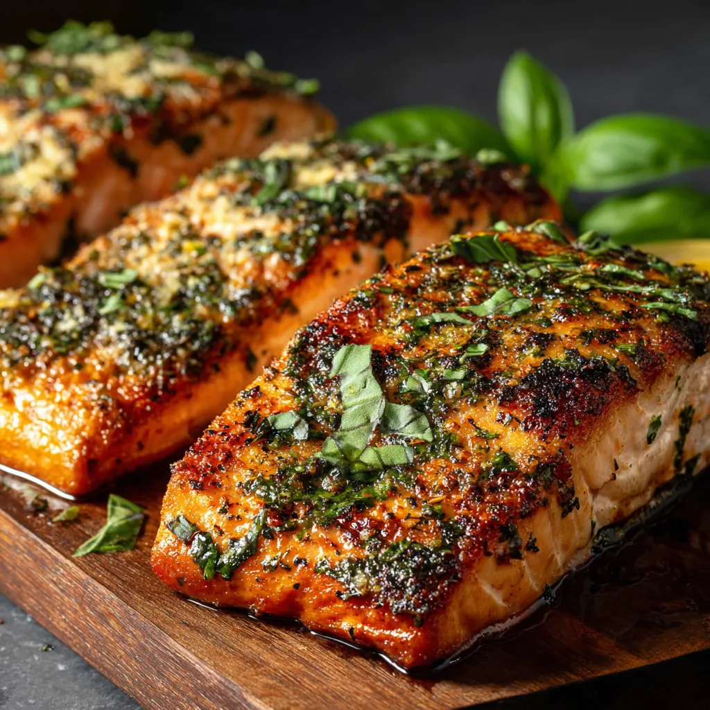 A piece of salmon with herbs on top.