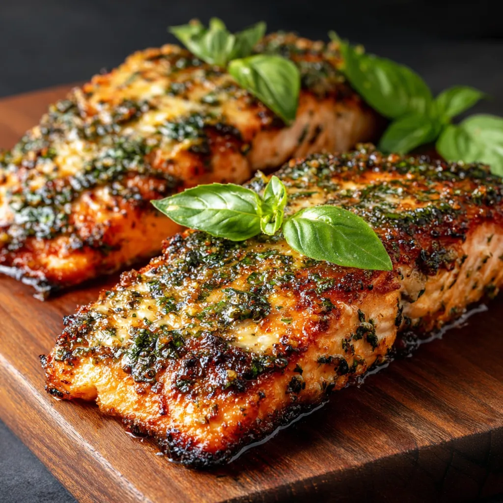 Two pieces of salmon with basil leaves on top.