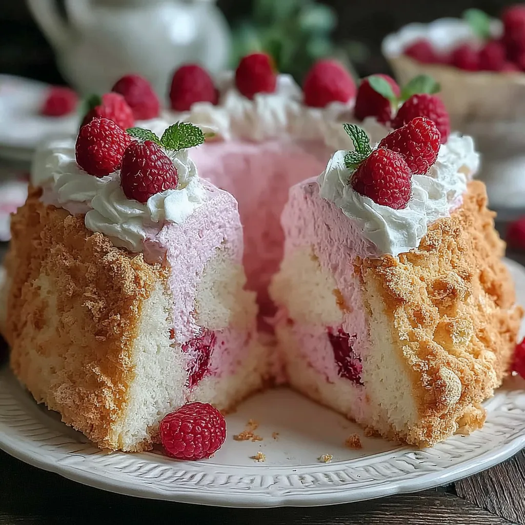 A slice of raspberry angel food cake.