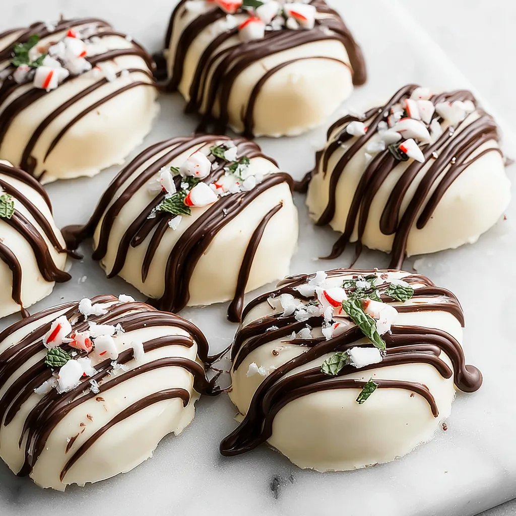 A plate of peppermint creams with chocolate drizzled on top.