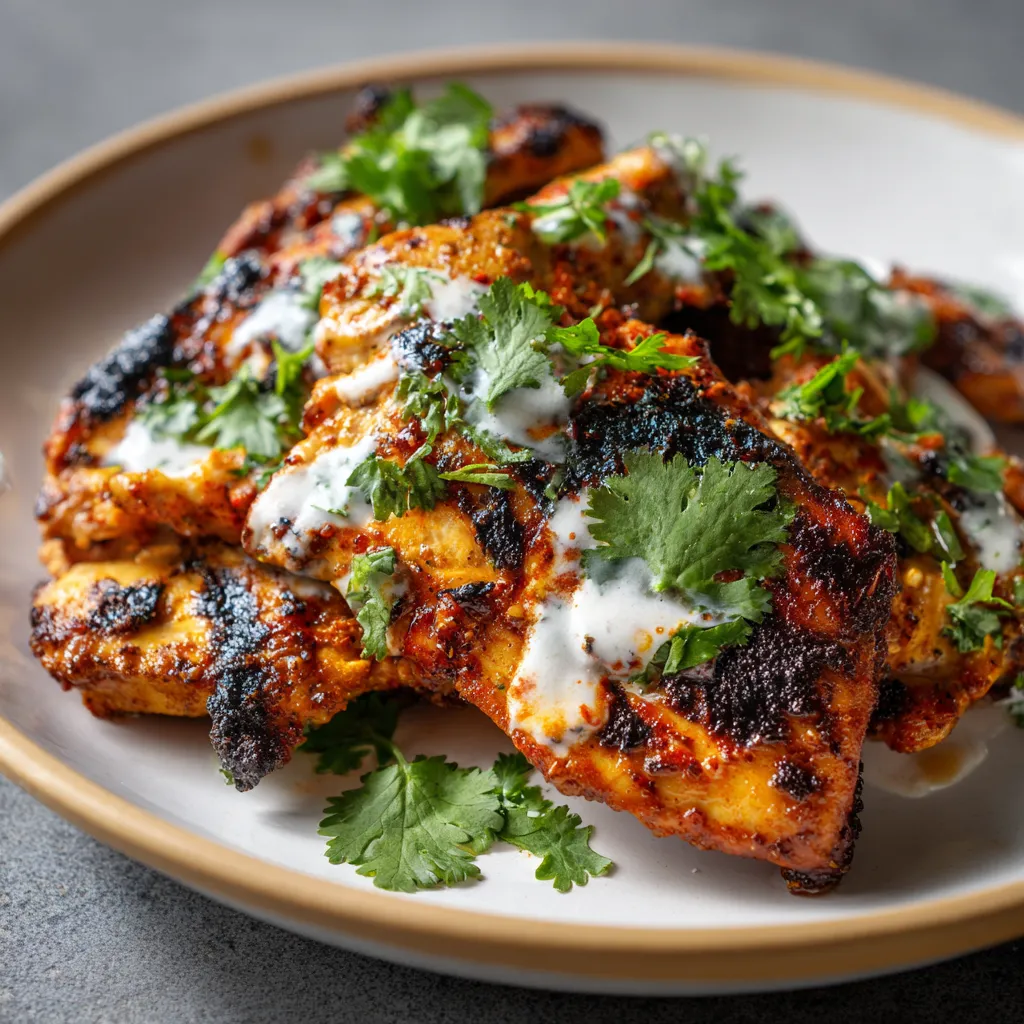 A plate of marinated chicken with spicy yogurt.