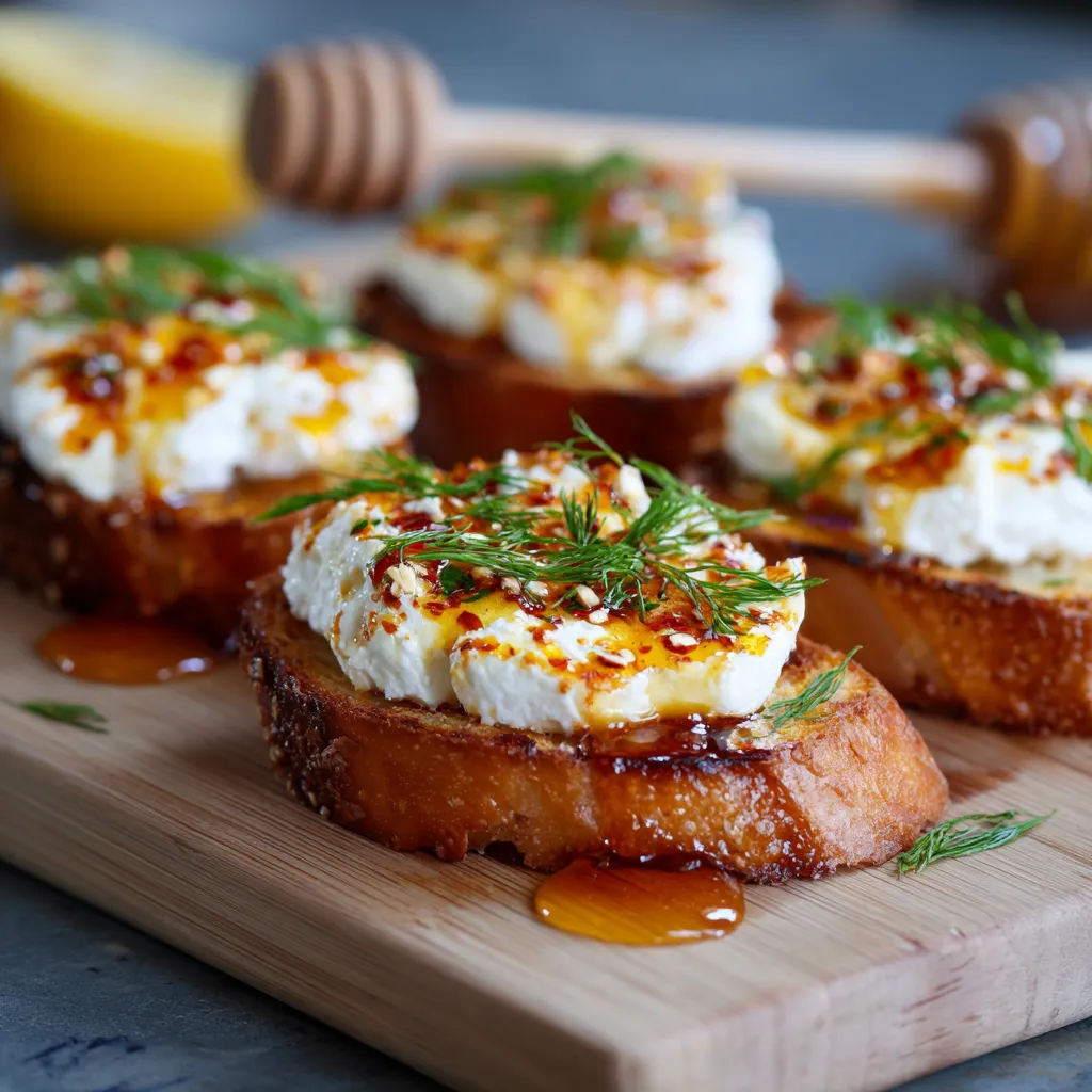 Sweet and Spicy Whipped Feta Crostini.