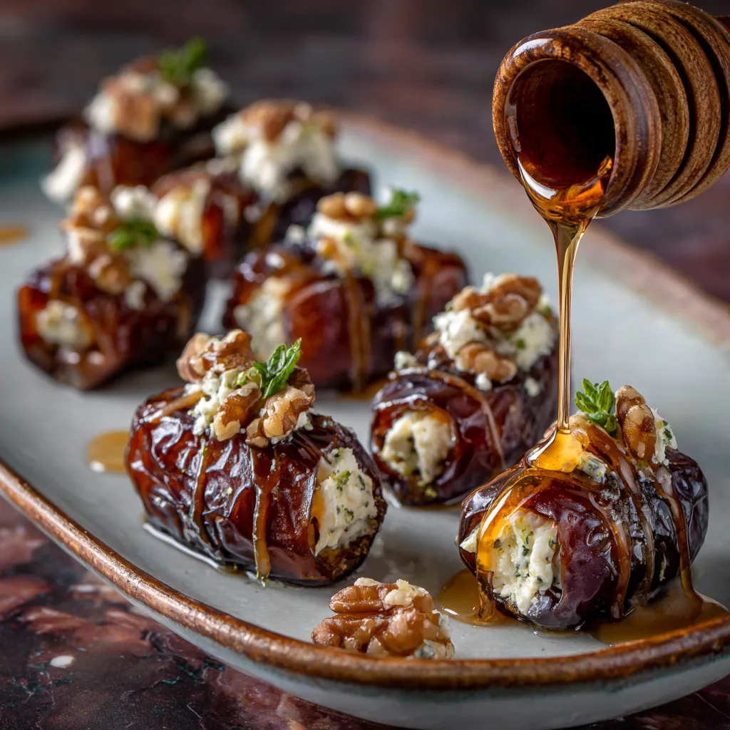A plate of Mascarpone Stuffed Dates with Maple Drizzle.