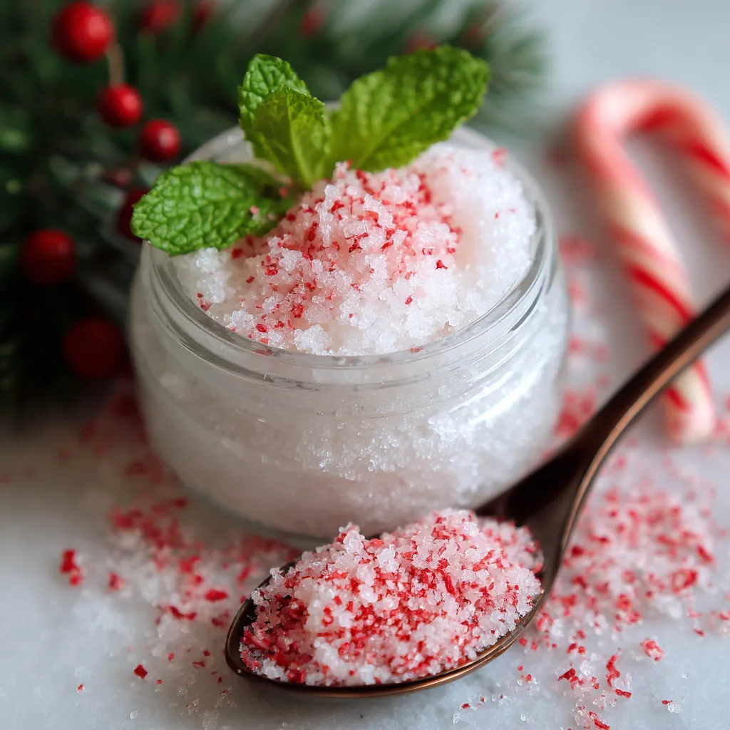 A jar of sugar scrub with a spoon and a sprig of mint.