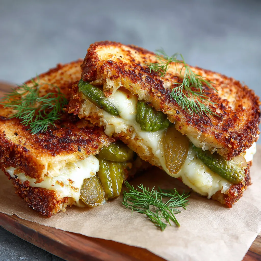 A crispy dill pickle grilled cheese sandwich.