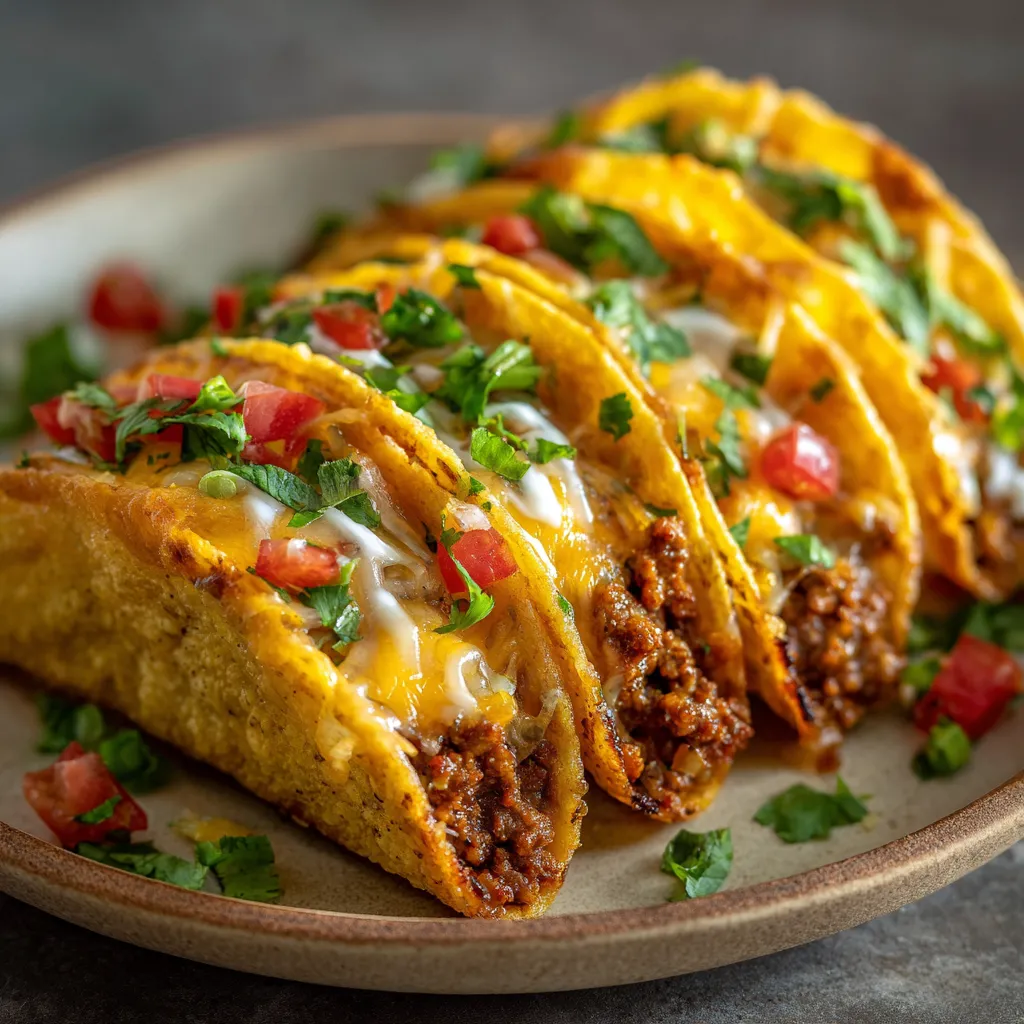 A plate of oven-baked cheesy tacos.