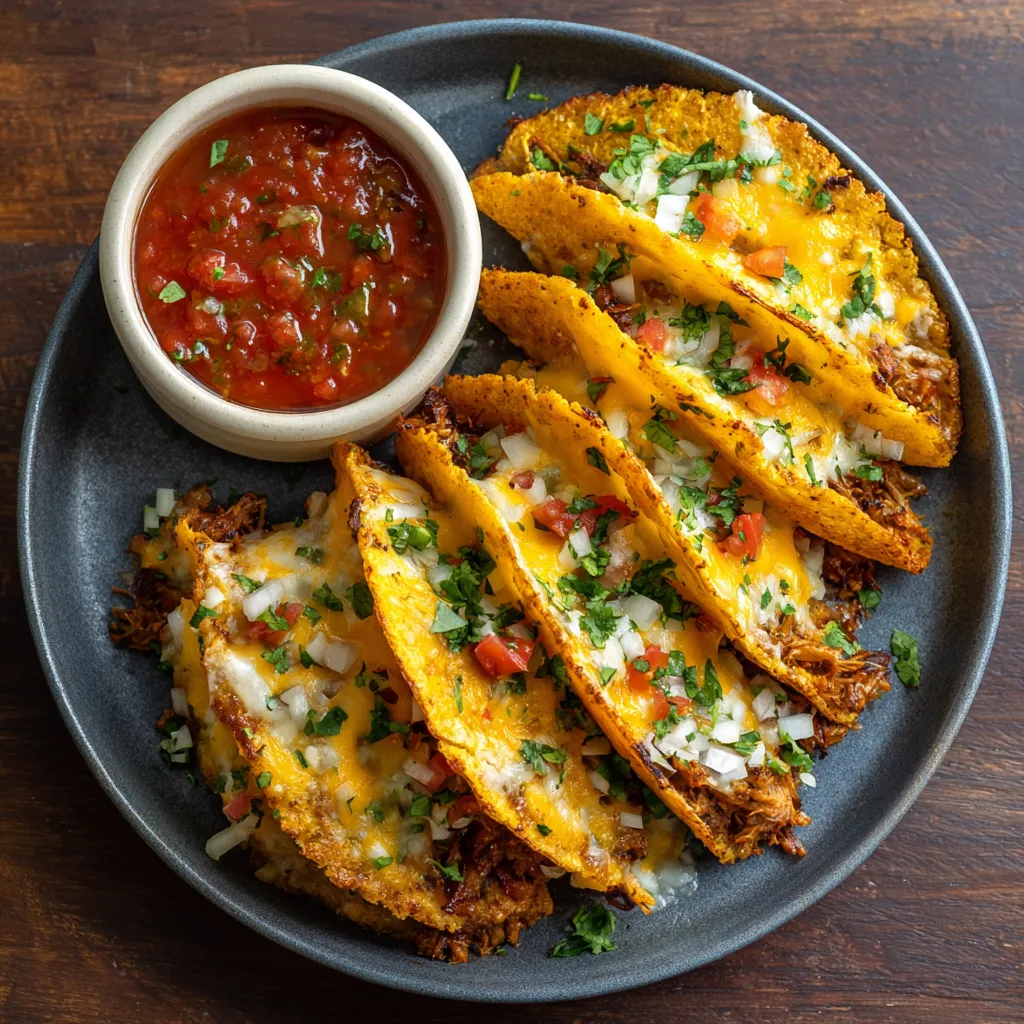 A plate of oven-baked cheesy tacos.
