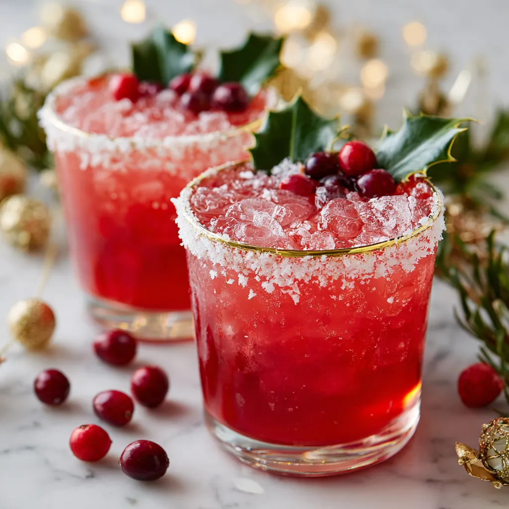 Two frosted margaritas with a sprig of mistletoe.