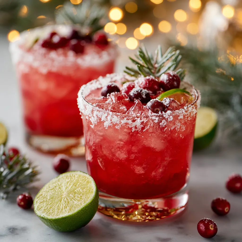 Two glasses of frosted mistletoe margarita.