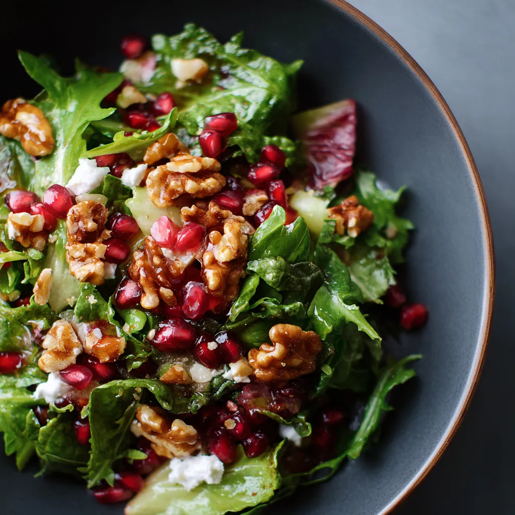 A plate of salad with walnuts and pomegranate.