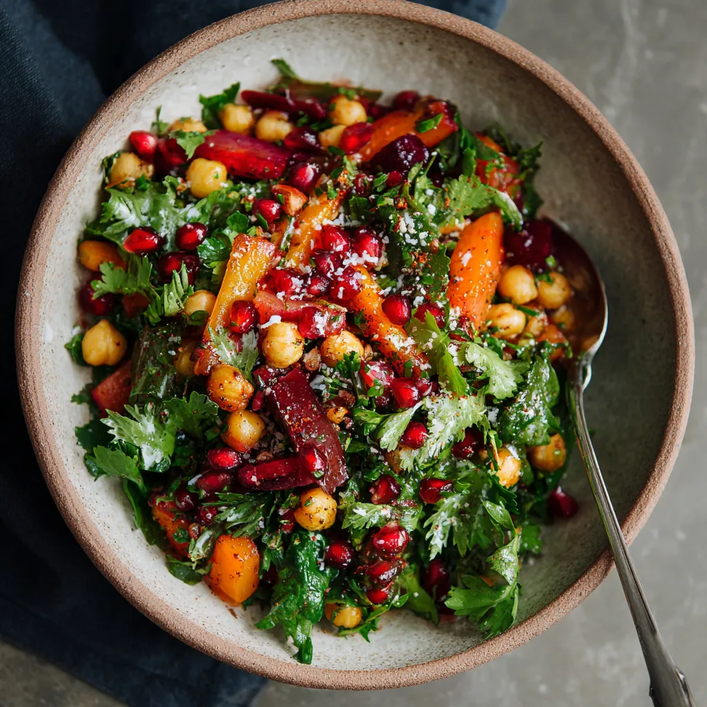 A bowl of salad with chickpeas, carrots, and pomegranate.