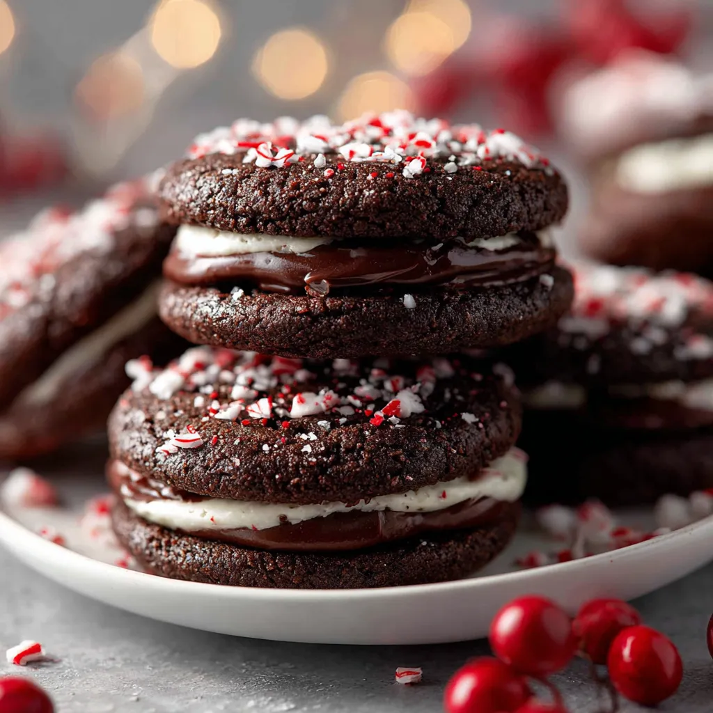 A plate of chocolate peppermint sandwich cookies.