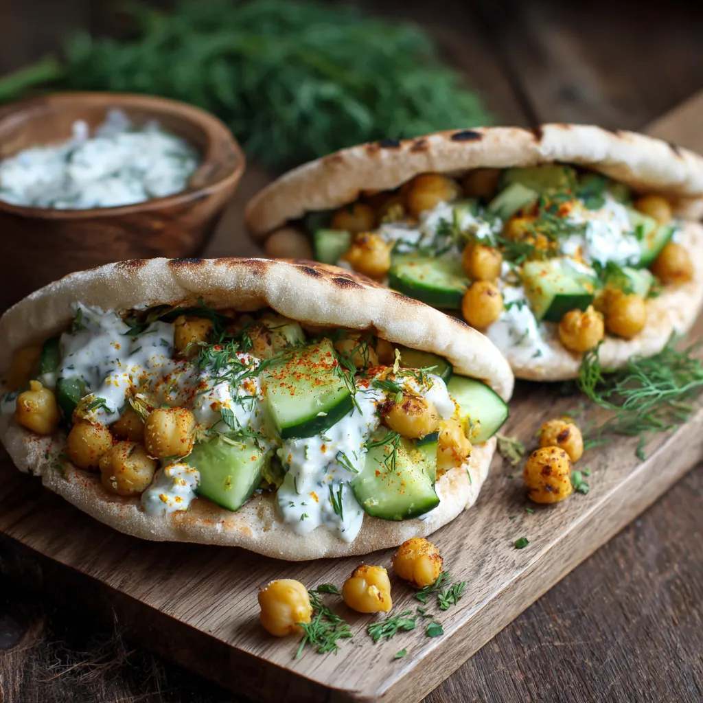 Two cucumber chickpea pita pockets on a wooden table.
