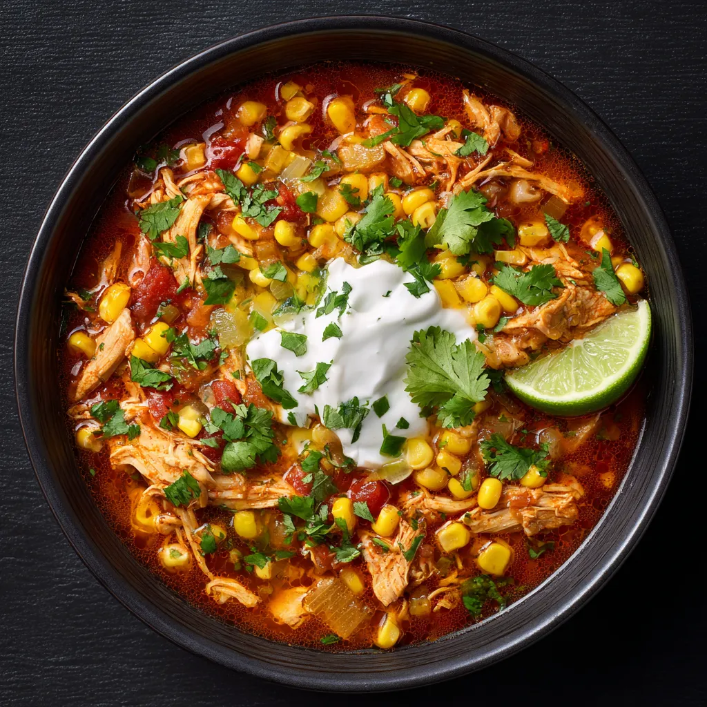 A bowl of chili with chicken and corn.