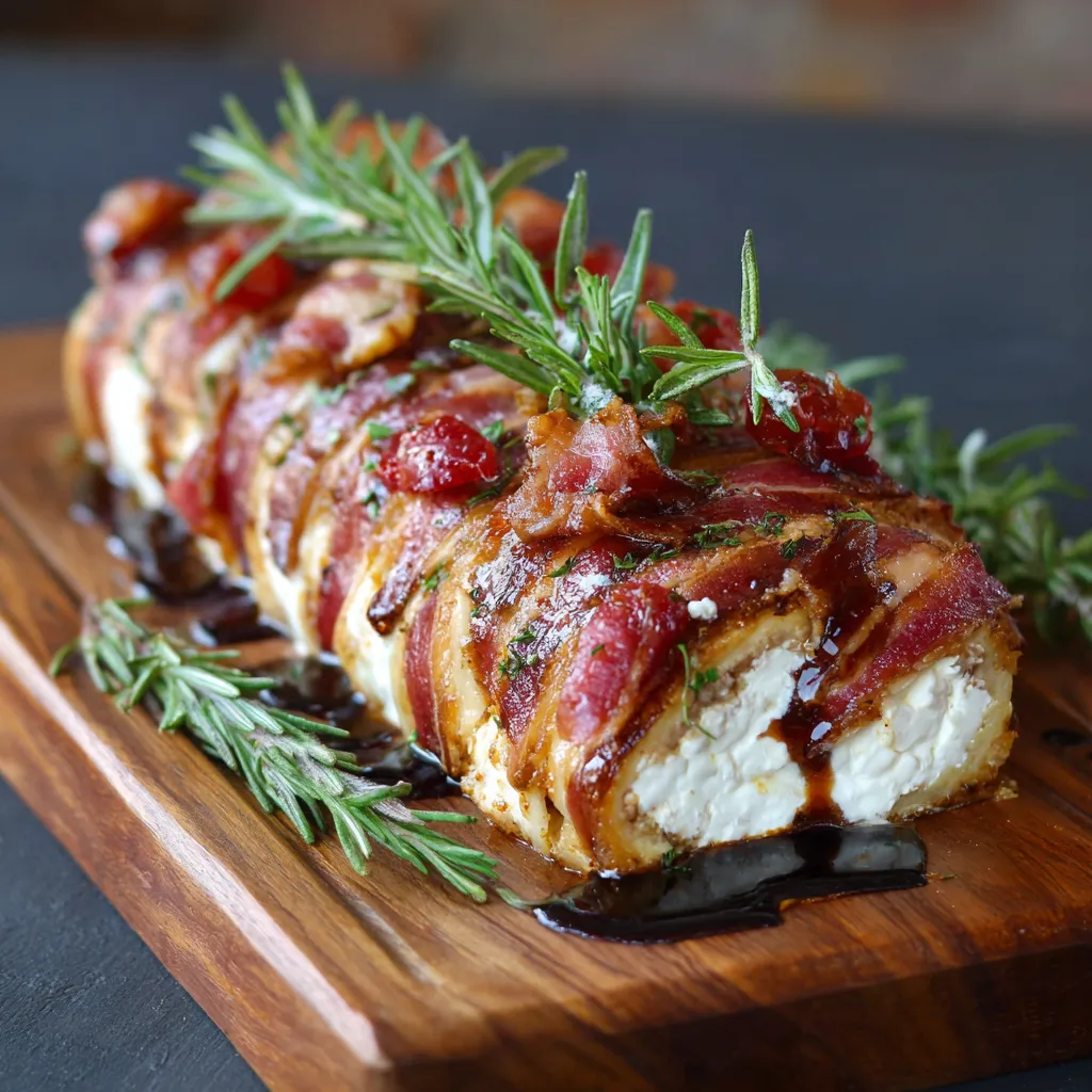A log of bacon and goat cheese with herbs on top.
