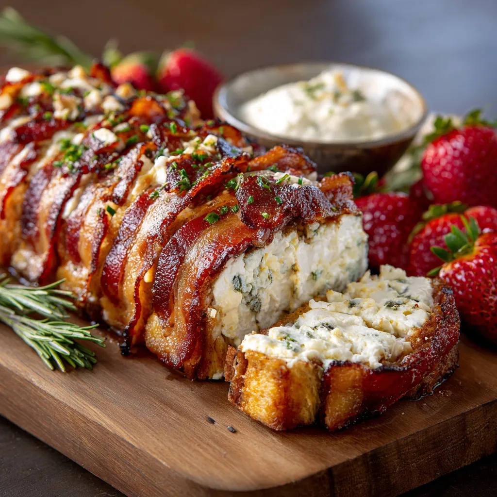 A slice of bacon wrapped around a goat cheese log.