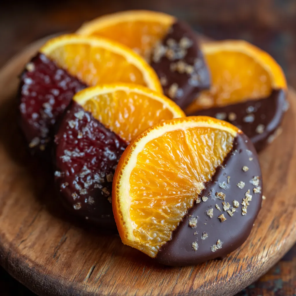 Chocolate dipped orange slices on a wooden table.