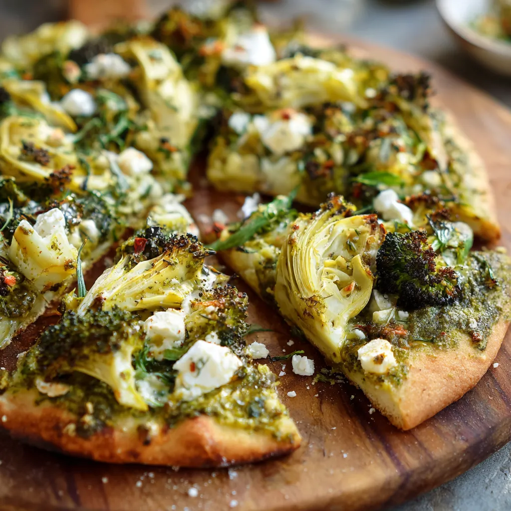 A pizza with green toppings.