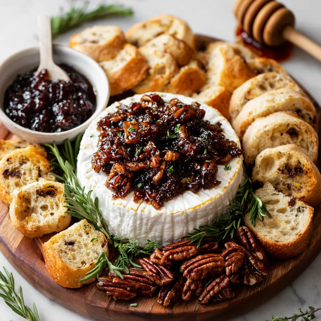 A cheese appetizer with pecans and fig jam.